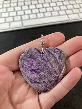 Heart Shaped Purple Dyed Black Line Jasper Jewelry Pendant #p2W7CmXZGsM