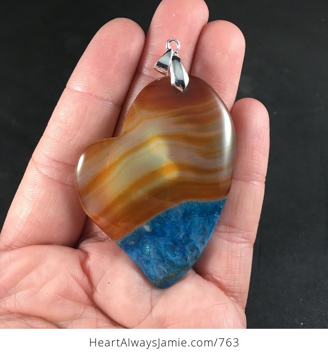 Heart Shaped Semi Transparent Orange and Blue Druzy Agate Stone Pendant - #lTZApccJ4Hk-1