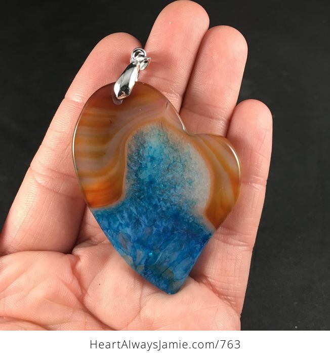 Heart Shaped Semi Transparent Orange and Blue Druzy Agate Stone Pendant Necklace - #lTZApccJ4Hk-2