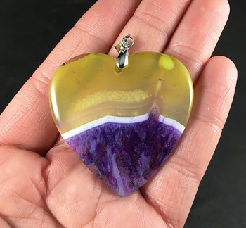Heart Shaped Semi Transparent Yellow and Purple Drusy Agate Stone Pendant Necklace #FYyh2MuNQNM