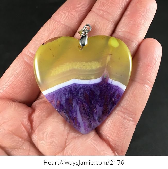 Heart Shaped Semi Transparent Yellow and Purple Drusy Agate Stone Pendant Necklace - #FYyh2MuNQNM-1