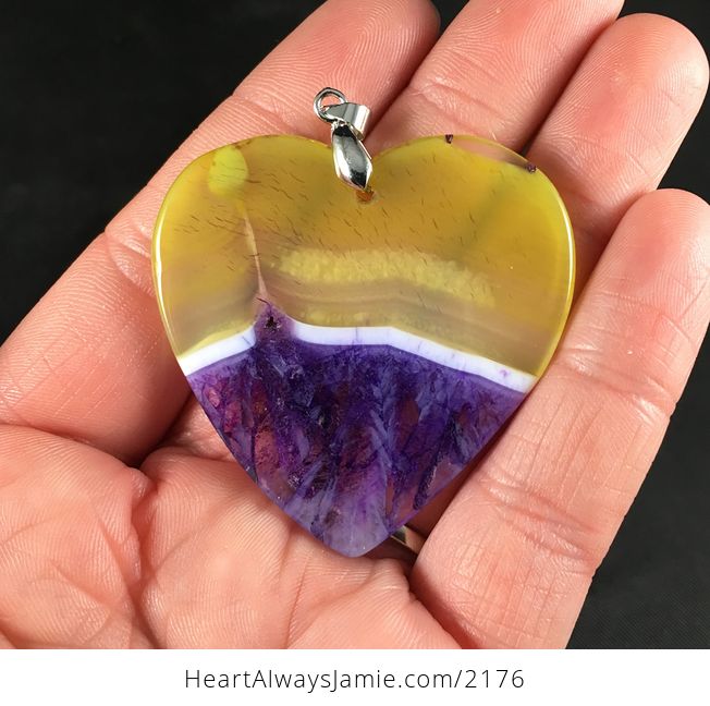 Heart Shaped Semi Transparent Yellow and Purple Drusy Agate Stone Pendant Necklace - #FYyh2MuNQNM-2