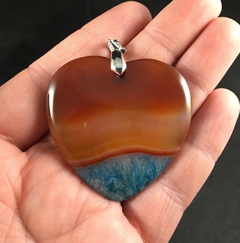Heart Shaped Sunset Orange and Blue Drusy Agate Stone Pendant Necklace #WlzPSbXG6MU