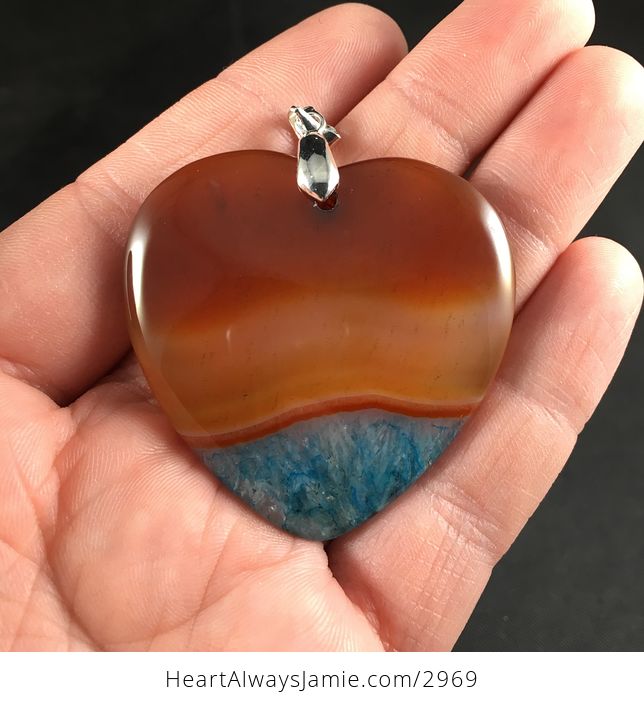 Heart Shaped Sunset Orange and Blue Drusy Agate Stone Pendant Necklace - #WlzPSbXG6MU-1
