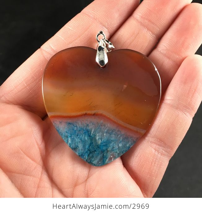 Heart Shaped Sunset Orange and Blue Drusy Agate Stone Pendant Necklace - #WlzPSbXG6MU-2