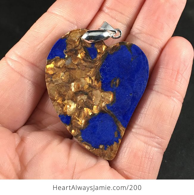 Heart Shaped Synthetic Blue Lapis Lazuli and Copper Bornite Stone Pendant Necklace - #FcKUaJuZXlk-2