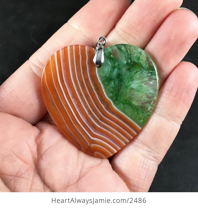 Heart Shaped White and Orange Stripes and Green Drusy Stone Pendant Necklace - #36hTK0VeX4E-2