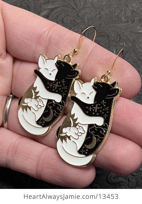 Hugging White and Black Celestial Cat Earrings - #XxsMaTPgkX8-3