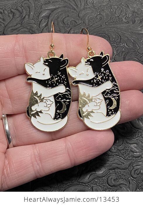 Hugging White and Black Celestial Cat Earrings - #XxsMaTPgkX8-1