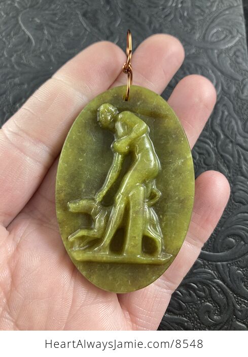 Hunter and Dog Lemon Jade Pendant Stone Jewelry Mini Art Ornament - #3ZuL5uNChso-1