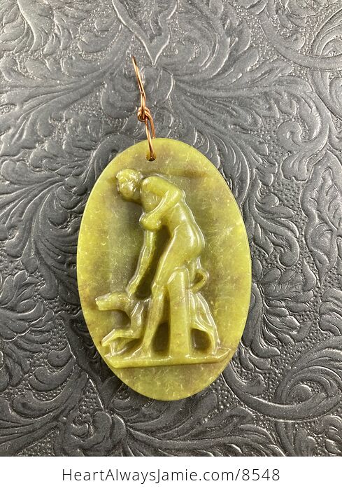 Hunter and Dog Lemon Jade Pendant Stone Jewelry Mini Art Ornament - #3ZuL5uNChso-2