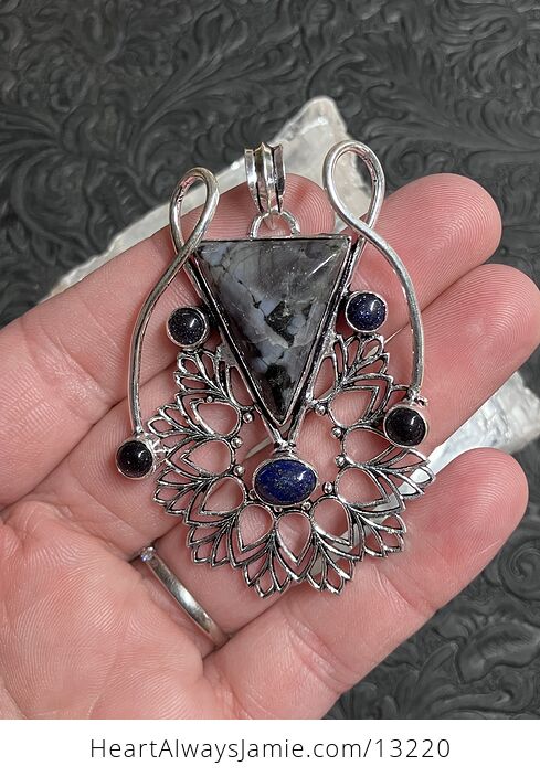 Indigo Gabbro and Blue Goldstone Bohemian Styled Mandala Pendant Stone Crystal Jewelry - #3ES2yxCBITs-1