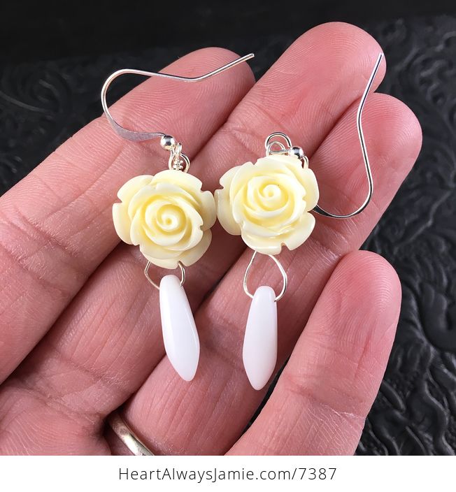 Ivory Rose and White Dagger Earrings with Silver Wire - #ofqiGfltvgQ-1