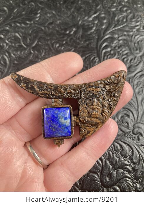 Jesus Lapis Lazuli and Wood Mini Art Jewelry Pendant Ornament - #5hxPUGqWdUE-8