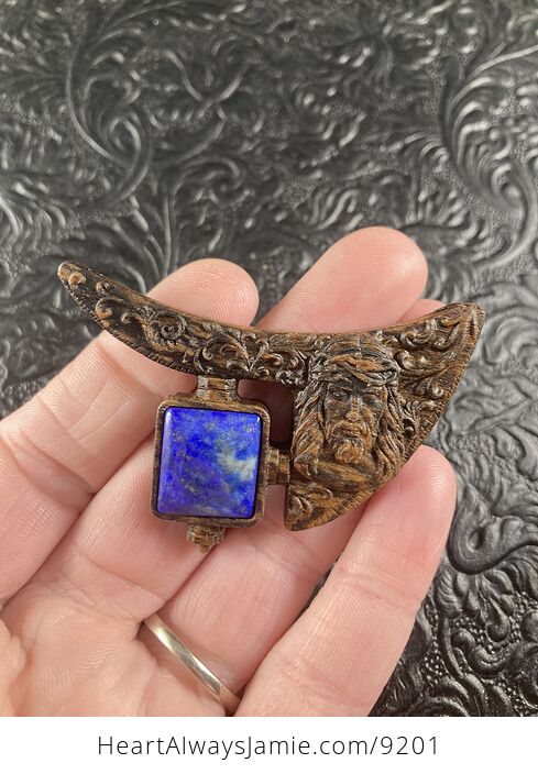 Jesus Lapis Lazuli and Wood Mini Art Jewelry Pendant Ornament - #5hxPUGqWdUE-1