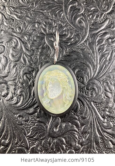 Jesus Mother of Pearl Shell and Black Jasper Stone Jewelry Pendant Ornament - #fP5LVNDgOwQ-3