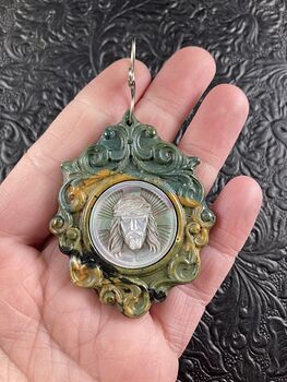 Jesus Mother of Pearl Shell and Fancy Jasper Stone Jewelry Pendant Ornament #P1Avd20yxdQ