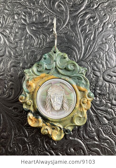 Jesus Mother of Pearl Shell and Fancy Jasper Stone Jewelry Pendant Ornament - #P1Avd20yxdQ-4