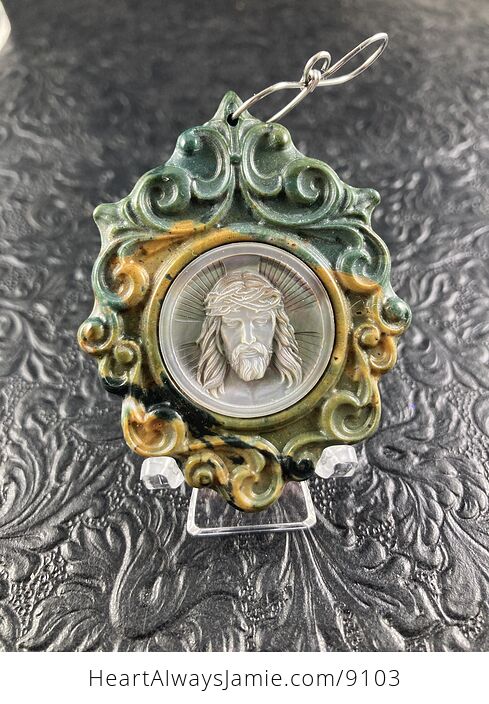 Jesus Mother of Pearl Shell and Fancy Jasper Stone Jewelry Pendant Ornament - #P1Avd20yxdQ-6