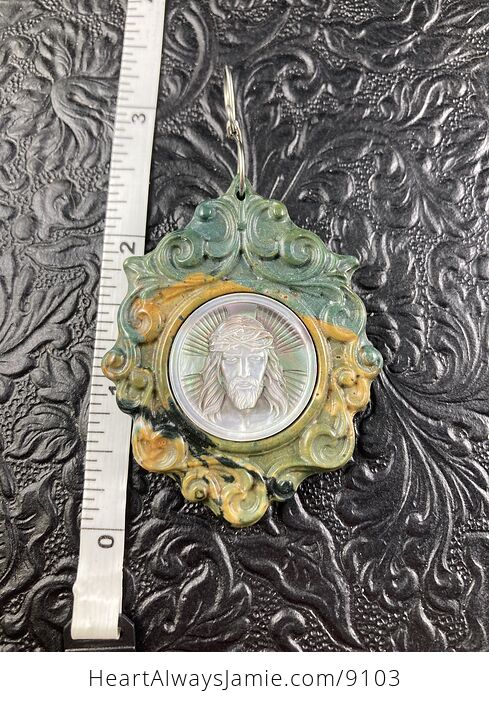 Jesus Mother of Pearl Shell and Fancy Jasper Stone Jewelry Pendant Ornament - #P1Avd20yxdQ-5