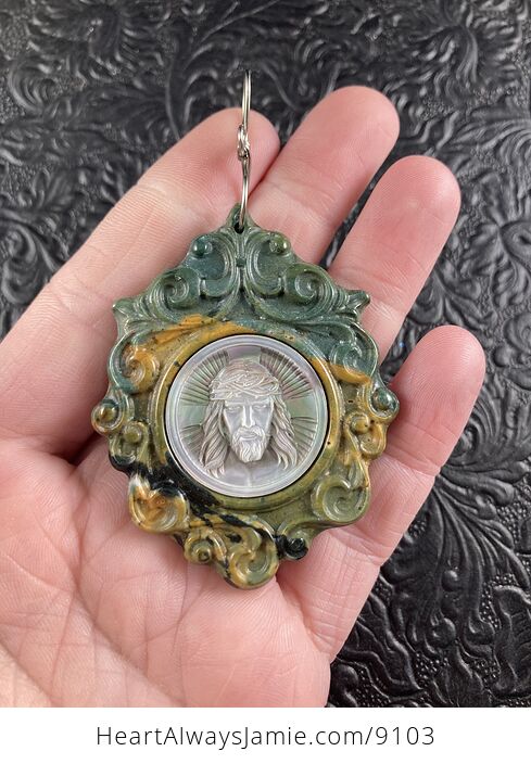 Jesus Mother of Pearl Shell and Fancy Jasper Stone Jewelry Pendant Ornament - #P1Avd20yxdQ-1