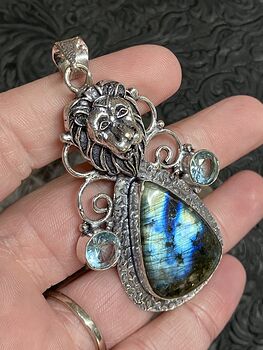 Labradorite and Blue Topaz Lion Pendant Stone Crystal Jewelry #mXaaVihS7bY