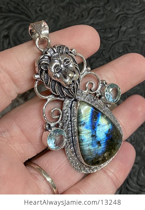 Labradorite and Blue Topaz Lion Pendant Stone Crystal Jewelry - #mXaaVihS7bY-1