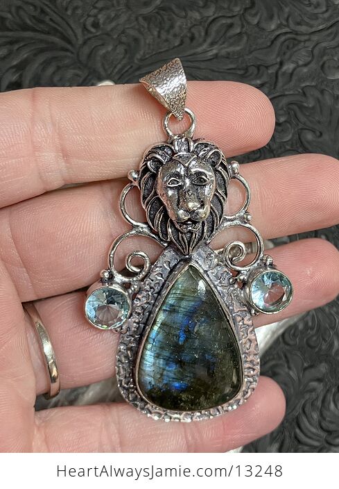 Labradorite and Blue Topaz Lion Pendant Stone Crystal Jewelry - #mXaaVihS7bY-2