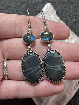 Labradorite and Spiderweb Obsidian Earrings Stone Crystal Jewelry #Vkpb3RKKUPw