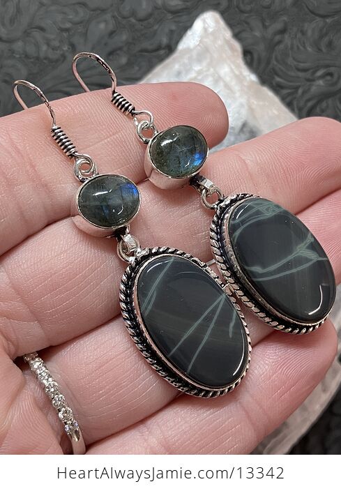 Labradorite and Spiderweb Obsidian Earrings Stone Crystal Jewelry - #Vkpb3RKKUPw-2