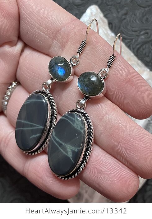 Labradorite and Spiderweb Obsidian Earrings Stone Crystal Jewelry - #Vkpb3RKKUPw-3