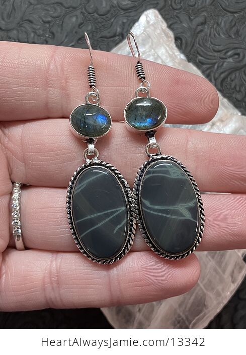 Labradorite and Spiderweb Obsidian Earrings Stone Crystal Jewelry - #Vkpb3RKKUPw-1