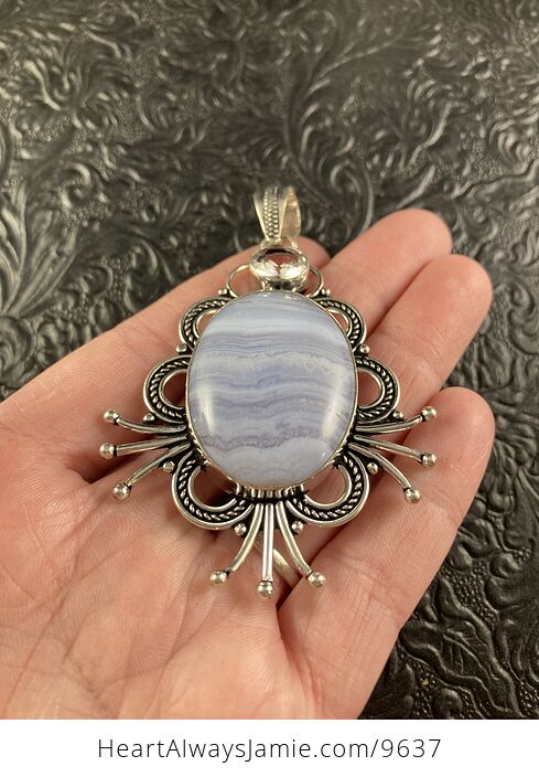 Large Blue Lace Agate and Faceted Clear Quartz Crystal Stone Jewelry Pendant - #qaYrILdFNX4-4