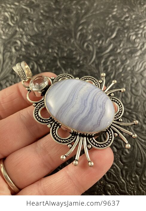 Large Blue Lace Agate and Faceted Clear Quartz Crystal Stone Jewelry Pendant - #qaYrILdFNX4-6
