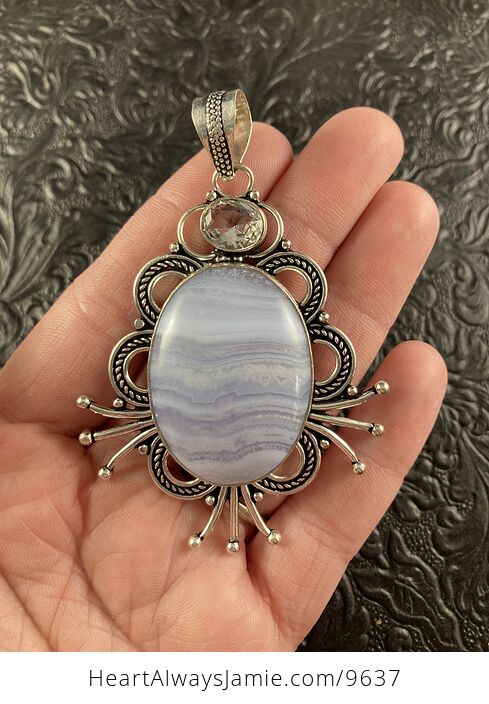 Large Blue Lace Agate and Faceted Clear Quartz Crystal Stone Jewelry Pendant - #qaYrILdFNX4-2