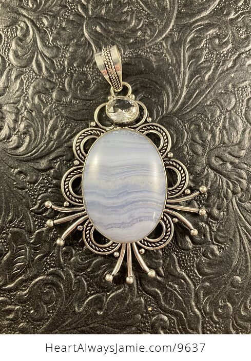 Large Blue Lace Agate and Faceted Clear Quartz Crystal Stone Jewelry Pendant - #qaYrILdFNX4-3