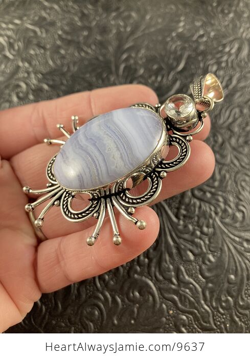 Large Blue Lace Agate and Faceted Clear Quartz Crystal Stone Jewelry Pendant - #qaYrILdFNX4-5