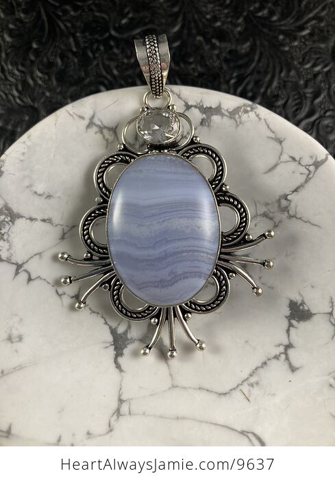 Large Blue Lace Agate and Faceted Clear Quartz Crystal Stone Jewelry Pendant - #qaYrILdFNX4-1