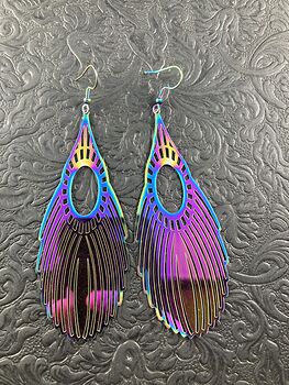 Large Colorful Chameleon Metal Feather Earrings #WkuRdz3rs7k