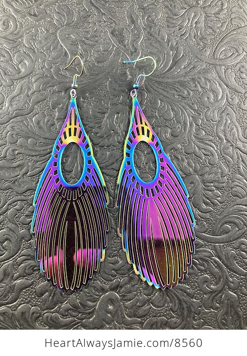 Large Colorful Chameleon Metal Feather Earrings - #WkuRdz3rs7k-1
