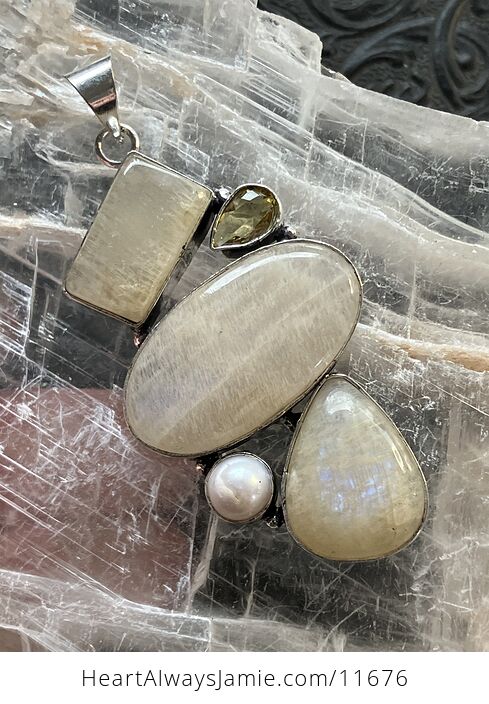Large Flashy Cream Moonstone Pearl and Blue Topaz Gemstone Crystal Jewelry Pendant - #S6TxXNp8kdk-1