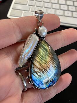 Large Flashy Labradorite and Pearl Crystal Stone Jewelry Pendant #iNTNSVywtIo
