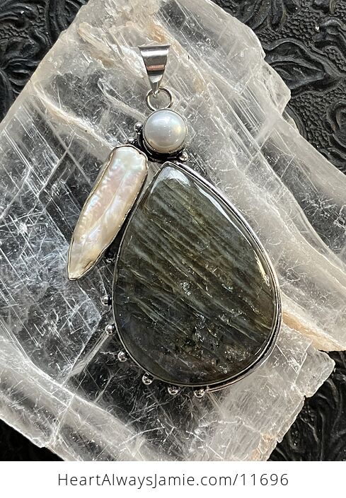 Large Flashy Labradorite and Pearl Crystal Stone Jewelry Pendant - #iNTNSVywtIo-2