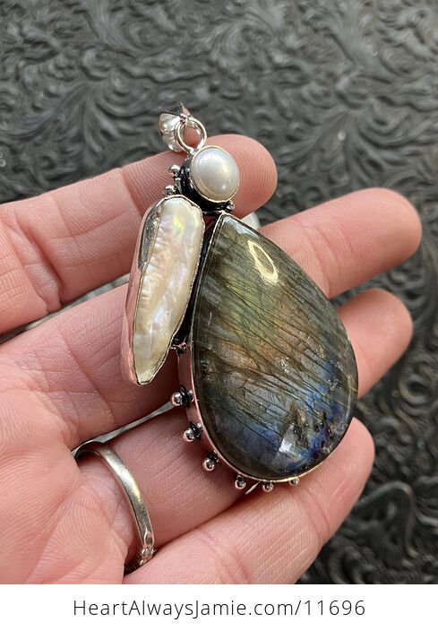 Large Flashy Labradorite and Pearl Crystal Stone Jewelry Pendant - #iNTNSVywtIo-7