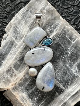 Large Flashy Rainbow Moonstone Pearl and Blue Topaz Gemstone Crystal Jewelry Pendant #Bg33D7HcLhI