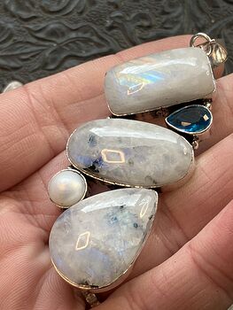 Large Flashy Rainbow Moonstone Pearl and Blue Topaz Gemstone Crystal Jewelry Pendant #WZduILWyV94