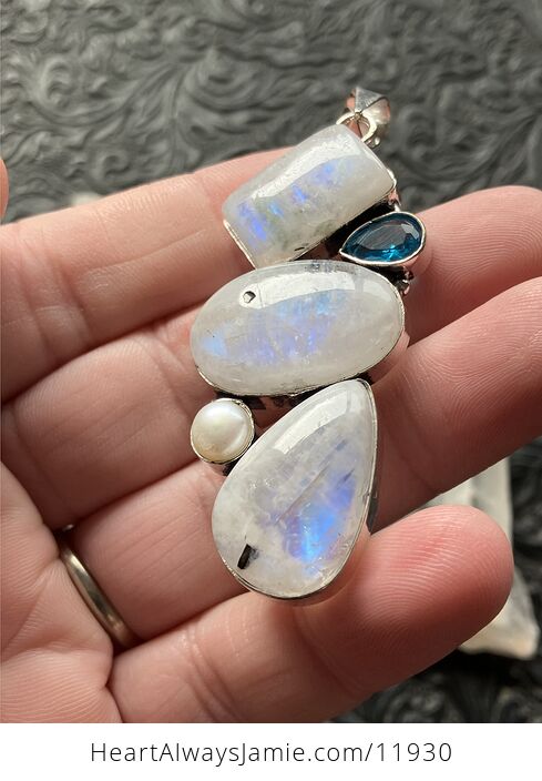 Large Flashy Rainbow Moonstone Pearl and Blue Topaz Gemstone Crystal Jewelry Pendant - #Bg33D7HcLhI-4