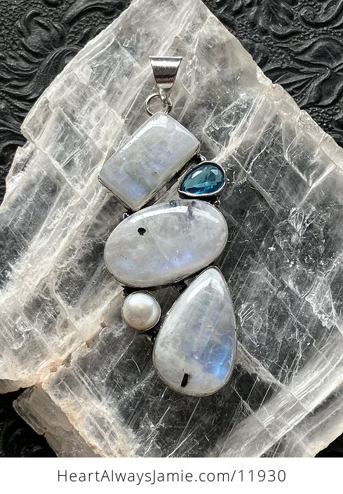 Large Flashy Rainbow Moonstone Pearl and Blue Topaz Gemstone Crystal Jewelry Pendant - #Bg33D7HcLhI-1