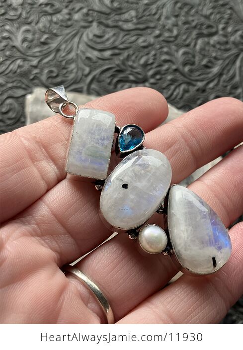 Large Flashy Rainbow Moonstone Pearl and Blue Topaz Gemstone Crystal Jewelry Pendant - #Bg33D7HcLhI-3