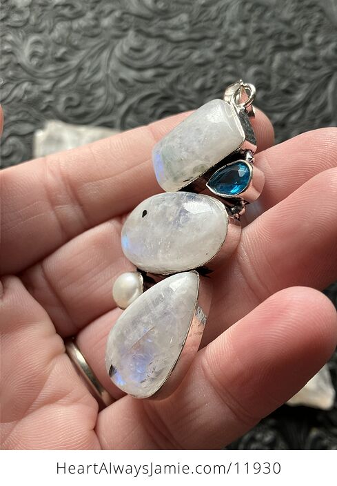 Large Flashy Rainbow Moonstone Pearl and Blue Topaz Gemstone Crystal Jewelry Pendant - #Bg33D7HcLhI-5